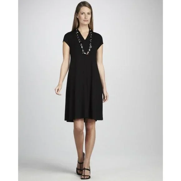Eileen Fisher | Dresses | Eileen Fisher Vneck Cap Sleeve Black Jersey Dress  Womens Xs Stretch Aline | Poshmark